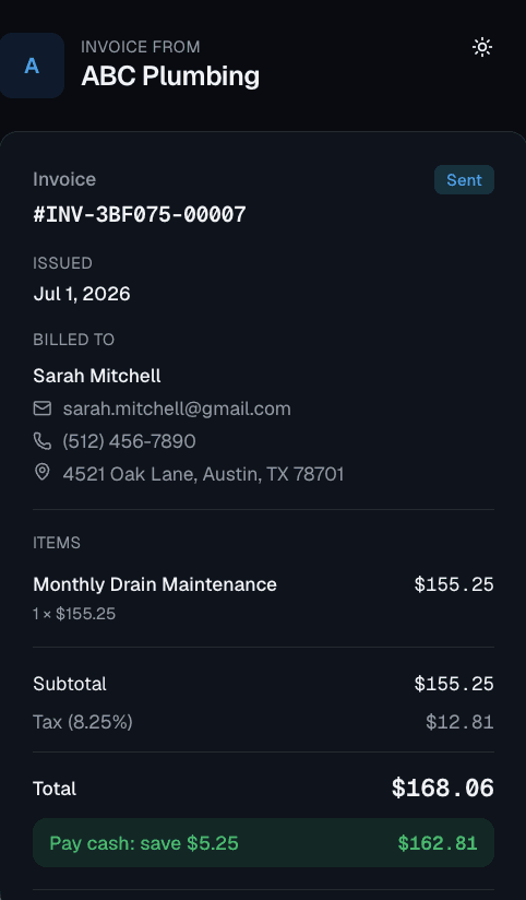 TX2Pay invoice screen — ABC Plumbing